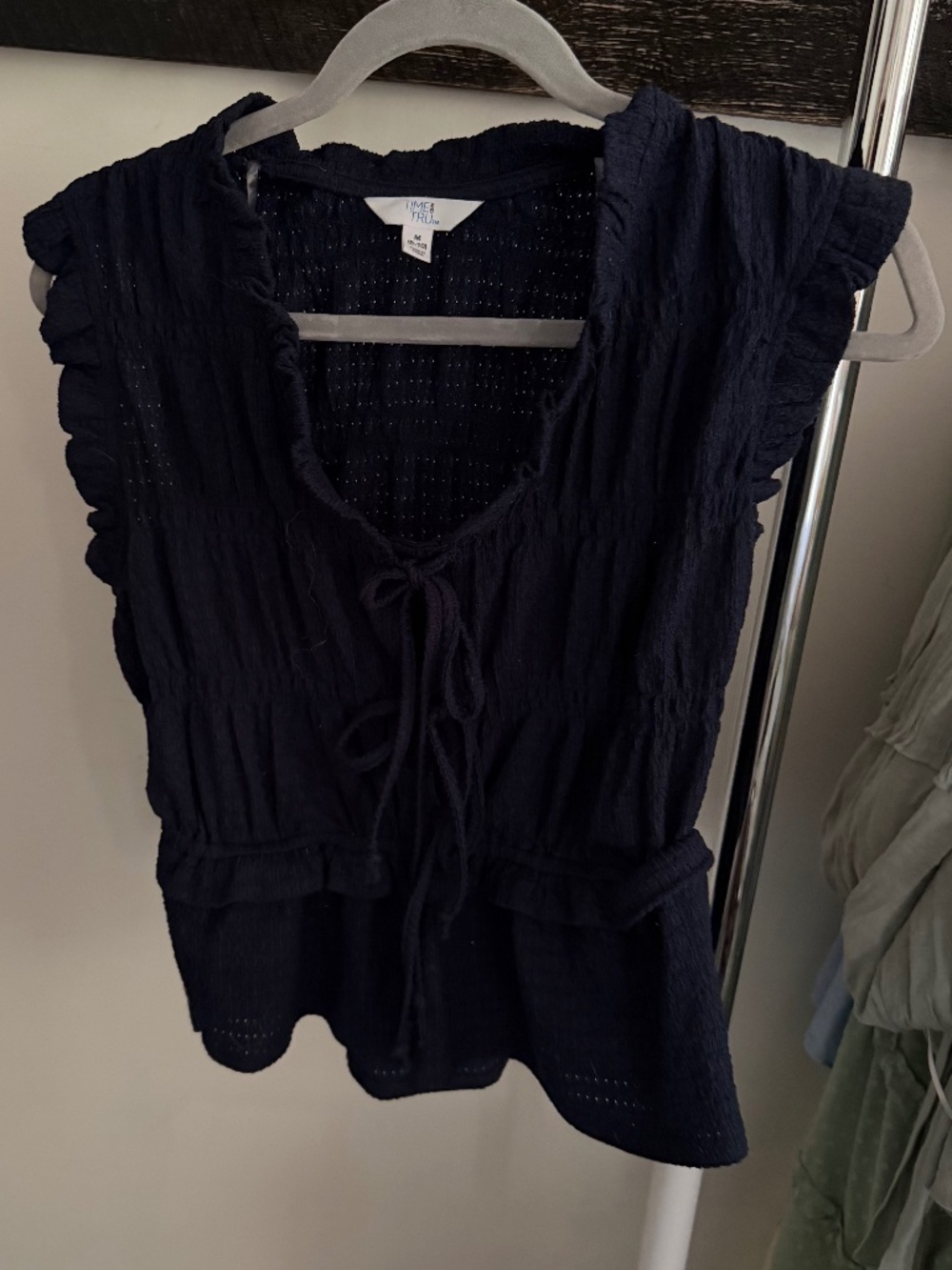 Time and Tru Navy Textured Tie-Front Peplum Top – Size Medium